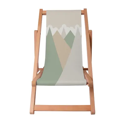 A wooden deck chair with a fabric seat featuring a geometric mountain print.