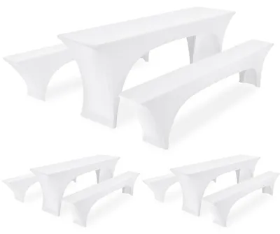 Image de Ensemble de housses stretch de 9 pièces pour table et banc de bière, couleur blanche, 3 ensembles
