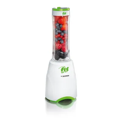 A white and green smoothie maker filled with berries, placed on a white background.