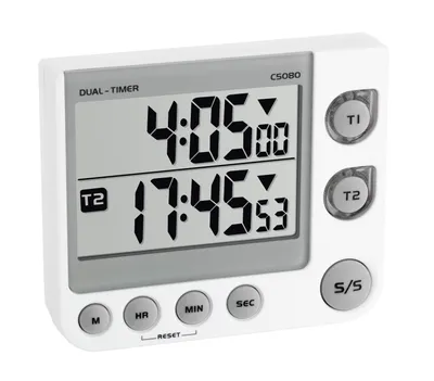 A white digital dual timer with two displays and multiple buttons.