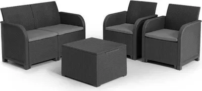 Image de Salon de jardin avec coffre SanRemo Allibert by KETER, 4 personnes, Résine, Gris graphite, Avec coussins