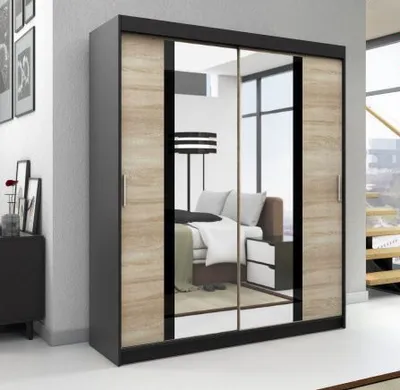 Produktbild von Schwebetürenschrank, 2-türig Schrank mit Spiegel, Kleiderschrank BRANI 120 Farbe: Schwarz / sonoma/ sonoma