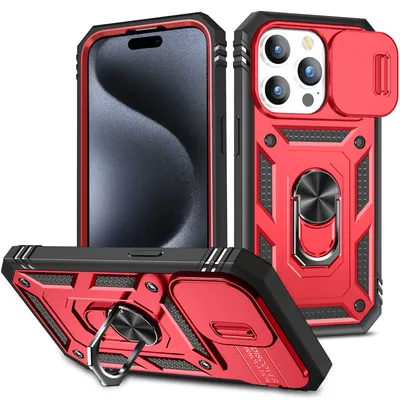 Immagine prodotto di Custodia per iPhone 15 Pro protezione fotocamera scorrevole, resistente agli urti, con supporto ad anello, supporto e porta carte di credito rosso