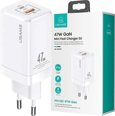 Image de Usams Ład. Siec. T41 Usb-C+Usb Gan 47Wpd+Qc (Only Head) Fast Charging Biały/White Cc137Tc02 (Us-Cc137)