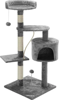A multi-level cat tree with platforms, a hideaway cave, and dangling toys, set against a white background.