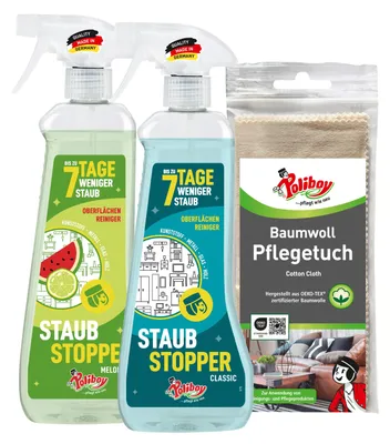 Produktbild von Poliboy Staubstopper 2er Set - Classic und Melon-Lime + Baumwolltuch - je 500ml - gegen Staub - mit Antistatik Effekt