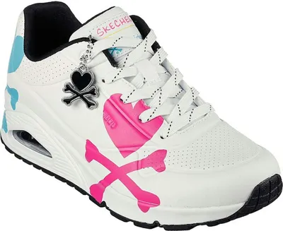Produktbild von Skechers Damen Sneaker Low Uno Crossing Hearts Weiß 39 EU mit 3,8 cm Keilabsatz, Air-Cooled Memory Foam & Skech-Air Dämpfung, Tokidoki Kollektion, Herz-Knochen-Logo