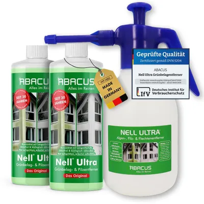 Produktbild von ABACUS® Nell Ultra Grünbelagentferner & Algenentferner Konzentrat Entfernt Grünbelag & Algen selbsttätig - 2x 1000ml mit Sprühflasche