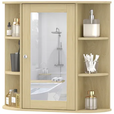 Produktbild von Badezimmerschrank mit Spiegel, Wandschrank mit offenen Regalen, 66 x 17 x 63 cm, Natur
