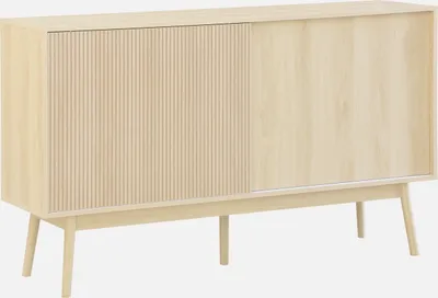 A light wood sideboard with a slatted door on the left and a plain door on the right, shown against a white background.