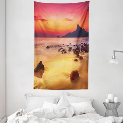 Produktbild von ABAKUHAUS Strand Wandteppich und Tagesdecke, Mystic Sonnenaufgang über Meer aus Weiches Mikrofaser Stoff Waschbar ohne Verblassen Digitaldruck, 140 x 230 cm, Orange Gelb