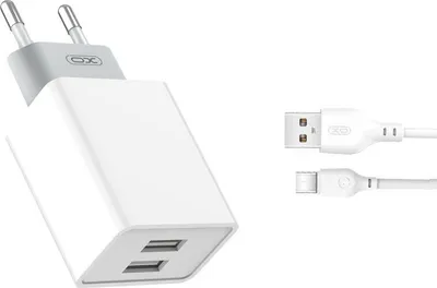 Obrázok produktu pre XO 2,4A nástenná nabíjačka L65 napájanie 2x USB + nabíjací kábel typu C nabíjačka kompatibilná so smartfónmi USB-C