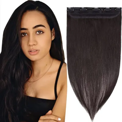 Immagine prodotto di Extension per capelli con clip, capelli naturali, lunghezza 45 cm, 50 grammi, colore nero naturale, qualità Remy, con 5 clip