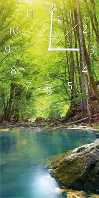 Produktbild von Wallario Design Wanduhr bedruckt, Größe 30 x 60 cm, Motiv: Klarer See im Wald