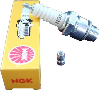 A product shot of a spark plug and its packaging.