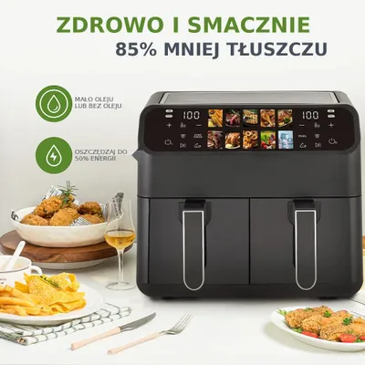 Image de Friteuse à air - 9L XXL, double compartiment - 2000W - Écran tactile LED - Programmes automatiques - Minuteur - Cuisson à faible teneur en matières grasses