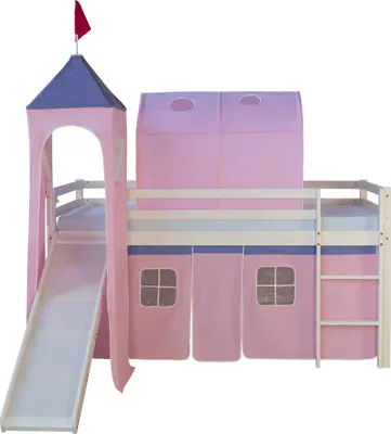 Produktbild von Homestyle4u Hochbett 90x200 mit Rausfallschutz Kinder mit Rutsche Leiter Turm Tunnel Vorhang Rosa Massivholz Weiß
