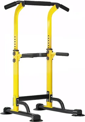 Immagine prodotto di Stazione per trazioni e dip a torre, ideale per l'uso domestico o in palestra, con altezza regolabile, per allenamento della forza e esercizi di fitness, colore giallo