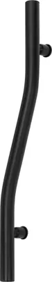 A black shower grab bar with a curved design and two mounting points.