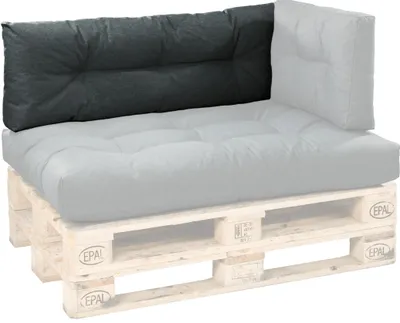 A dark gray backrest cushion and a light gray seat cushion are placed on a wooden pallet.