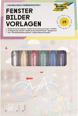 Produktbild von folia 39239 - Premium Fensterbilder Vorlagen "Bloom & Grow" mit 8 vorgedruckten Designs zum Thema Blumen, Ostern und Frühling, inkl. 7 Kreidestiften