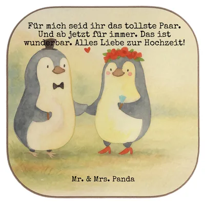 Produktbild von Mr. & Mrs. Panda Tassenuntersetzer Hochzeit Pinguin Design - Weiß - Geschenk, gläseruntersetzer, Untersetzer Glas, Hochzeitskarte, Tischuntersetzer, Getränkeuntersetzer