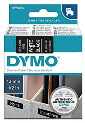 Produktbild von DYMO Original D1-Etikettenband | weiß auf schwarz | 12 mm x 7 m | selbstklebendes Schriftband | für LabelManager-Beschriftungsgerät, Weiss auf Schwarz, D1, Polyester, Belgien, -18 - 90 °C, DYMO