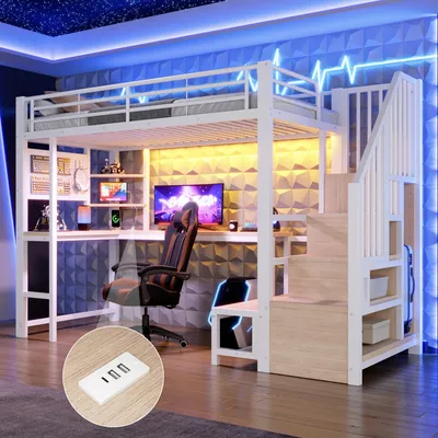 Immagine prodotto di Letto a soppalco Merax, 140x200 cm, con scrivania, prese USB e USB-C, illuminazione LED, pannello forato, scaffali, letto per bambini, struttura in metallo, colore bianco