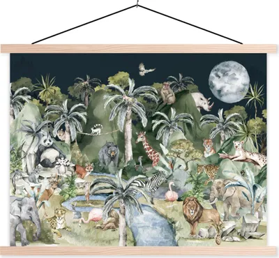 Produktbild von MuchoWow® Textilposter Kinder - Dschungel - Natur - Tiere - Pflanzen 120x90 cm mit holzfarbenen Rahmen - Magnetisch