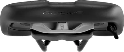 A close-up, front view of a black bicycle saddle on a white background.