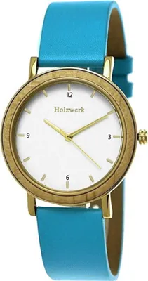 Produktbild von Holzwerk HAINICHEN kleine Damen Edelstahl, Leder & Holz Uhr, türkis, gold, weiß