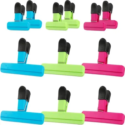 Obrázek produktu pro Klipy na potraviny - 12 kusů - Klipy na svačinu pro skladování potravin - zelené/modré/růžové - 6x velký (15 cm) + 6x malý (7,5 cm) - Uzavírací klipy na sáčky a obaly