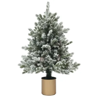 Produktbild von HOMCOM Künstlicher Weihnachtsbaum, 100 cm Christbaum mit 130 Spitzen, Kunstschnee, Blumentöpfe, flammenhemmend, für Weihnachten Deko, Grün+Gold