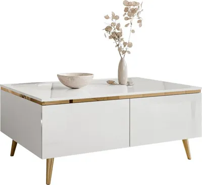 Produktbild von Couchtisch AURORA mit Staufach weiß glänzend, Beine - Schräge Goldchrom