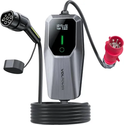 Immagine prodotto di Caricabatterie per auto elettriche, 11 kW, con connettore Tipo 2, cavo Tipo 2 Schuko, corrente regolabile [trifase] [6-16 A], cavo di ricarica da 5 metri, grado di protezione IP65 (resistente all'acqua), regolabile