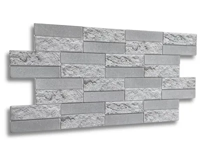 A wall panel with a stone-like texture, composed of rectangular pieces in varying shades of gray.