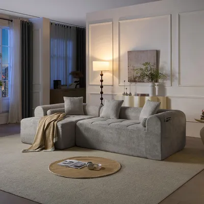 Zdjęcie produktu dla Sofa narożne, 263 cm, tkanina typu chenille, skompresowane i zapakowane próżniowo, wygodne, wszechstronne (jasnoszary)