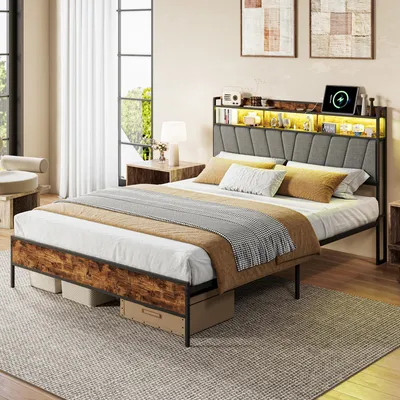 Produktbild von UnboxG Metallbett 140x200 cm mit Stauraumkopfteil, LED, USB-Ladeanschluss und Lattenrost