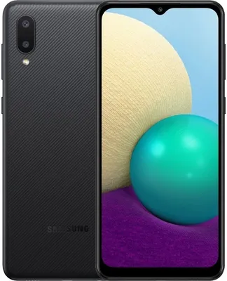 A black Samsung Galaxy A02 smartphone is shown from the back and front, with a colorful abstract background.