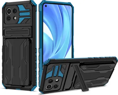 Produktbild von Xiaomi Mi 11 Lite Hülle, Hybrid Robust Schutz Stoßfest Schutzhülle mit Kartenhalter Ständer für Xiaomi Mi 11 Lite Blau