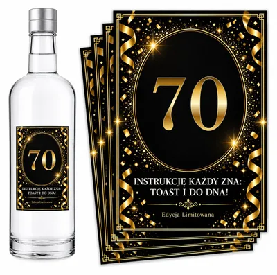 Zdjęcie produktu dla Naklejki na Wódkę 70 Urodziny Edycja Limitowana Czerń Złoto 8 szt