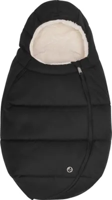 A black baby footmuff with a cream-colored fuzzy interior, shown from the front.