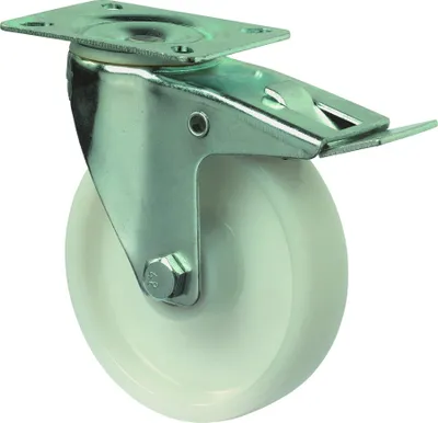 Produktbild von BS Rollen Transportrolle, Lenkrolle mit Totalfeststeller, Rad-Ø 100 mm, Tragf. 125 kg, Kunststoff , Bauhöhe 128 mm, Rollenlager