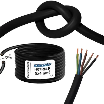 Produktbild von 25 Meter flexible H07RN-F 5x4 mm² Gummileitung, Anschlussleitung, Gummikabel, Baustellenkabel, schwarz, UV- ölbeständig, u.a. für Wandladestation, E-Auto Ladebox Anschluss zur Ladestation, 5x4 mm2