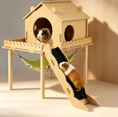 3-in-1 Holzhaus für Kleintiere mit Plattform und Rampe