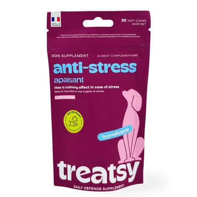 Produktbild von Treatsy Anti-Stress Hund | L-Tryptophan | hypoallergen | 30 Snacks | Stress, Angst, Hyperaktivität, Beruhigung