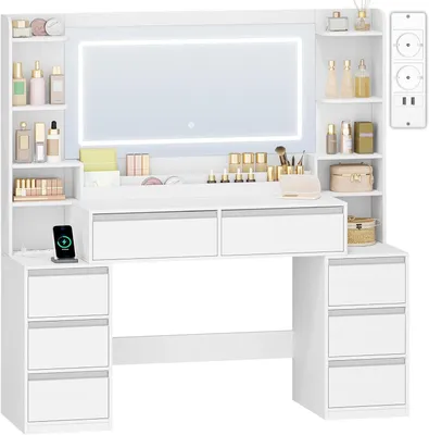 Immagine prodotto di Comò da trucco grande - Tavolino da trucco con specchio - Ideale per il trucco - Con illuminazione a LED - Dimensioni: 40x135x145 cm - Bianco e argento