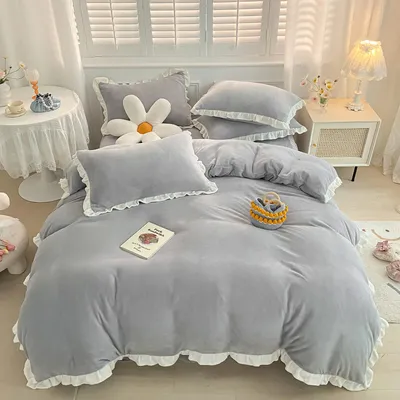 Obrázek produktu pro Sametová ložní souprava, zimní ložní prádlo 200x200cm sametově měkký plyšový flanel dívky povlak na přikrývku a 2 povlaky na polštář 80x80cm, šedá, 200x200cm