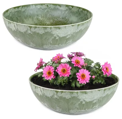 Immagine prodotto di Fioriera rotonda bulbosa da 20 cm per esterni, verde marmorizzato