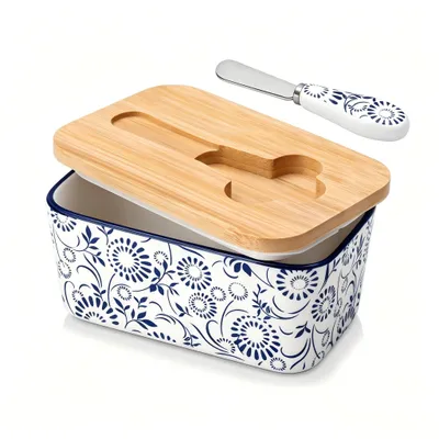 Produktbild von VANCASSO Porzellan Butterdose mit Deckel, Butterbestreichmesser, Blumenmotive, Blau und weiß